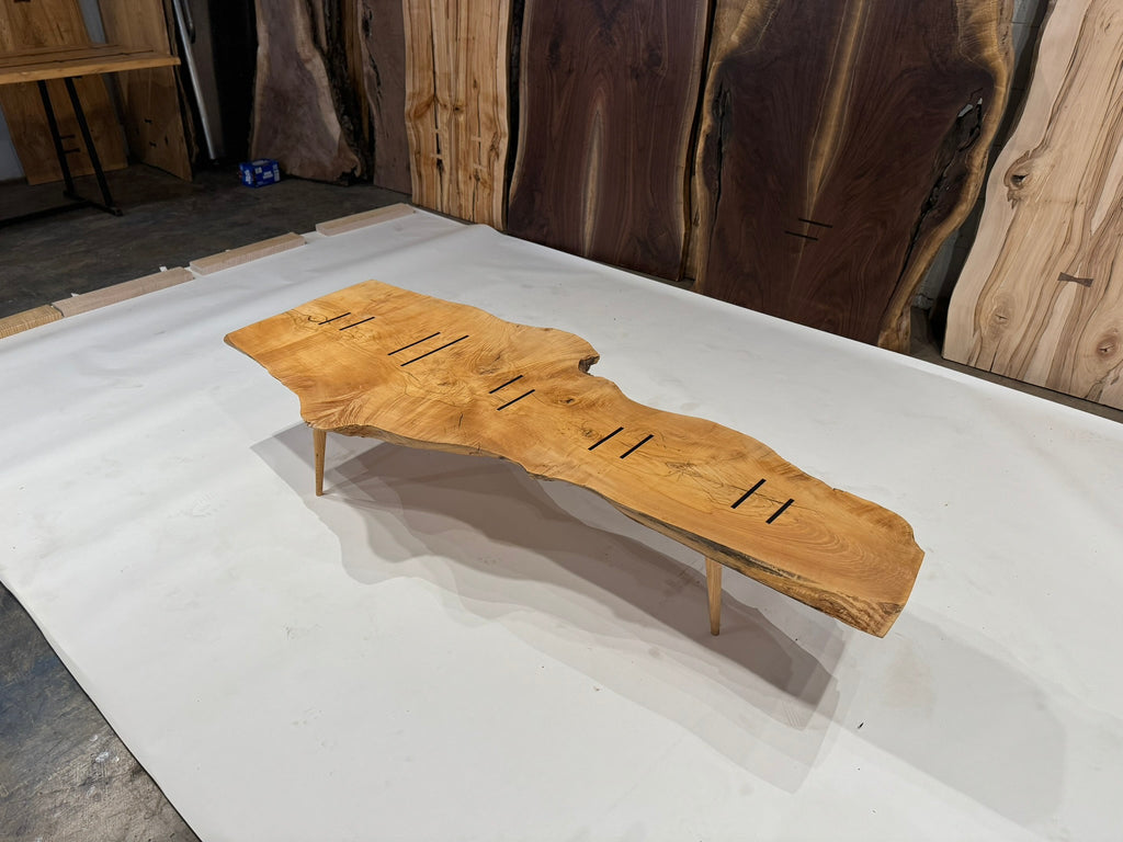 Figured Maple Embellished with Macassar Ebony on Hand Turned Tri-Leg Ash Base